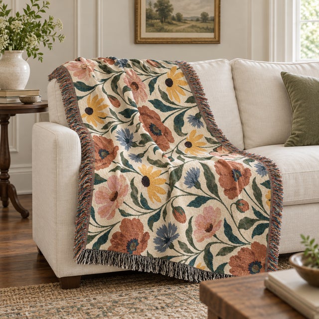 English Country Wildflower Woven Throw Blanket – 60 × 50 For Sale - Image 4 of 5