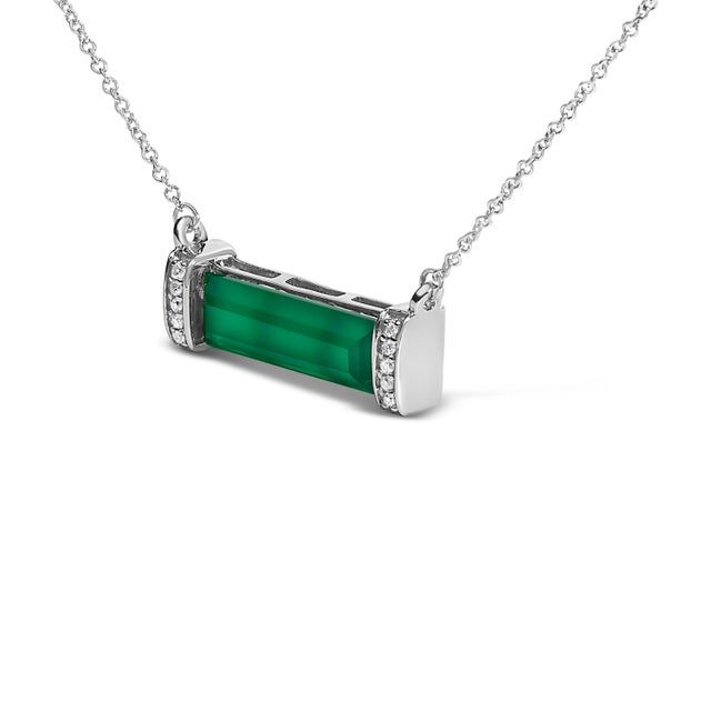 Haus of Brilliance Sterling Silver Diamond Accent and Green Agate Bar Pendant Necklace For Sale - Image 4 of 4