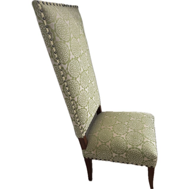Fabulous “King” chairs featuring light grey velvet upholstery with a fresh green floral pattern, plush, down-wrapped...