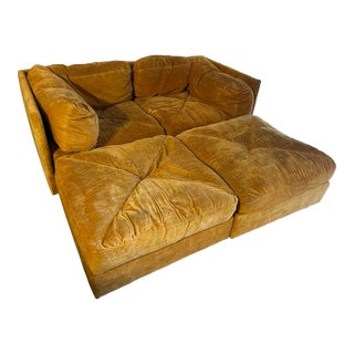 1970s Mustard Yellow Four-Piece Sectional Sofa Pit in the Style Milo Baughman by Selig For Sale