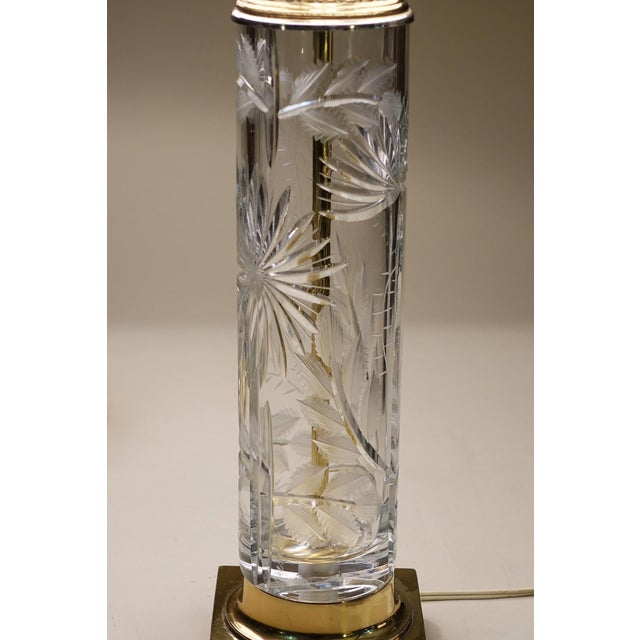 Brass 1960s Matched Pair Large Dresden Hollywood Regency Cut Crystal Glass Brass Column Table Lamps - a Pair For Sale - Image 8 of 15
