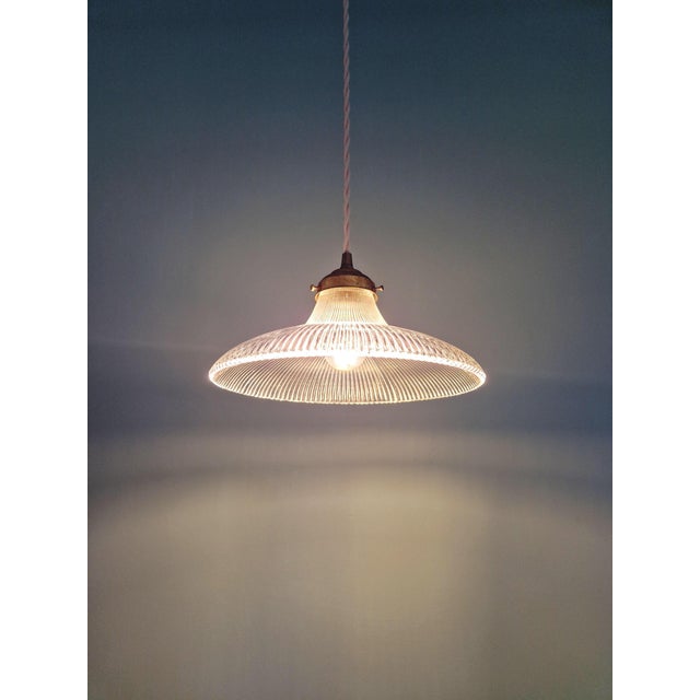 Metal Art Deco Pendant Light in Clear Grooved Glass, 1930 For Sale - Image 7 of 10