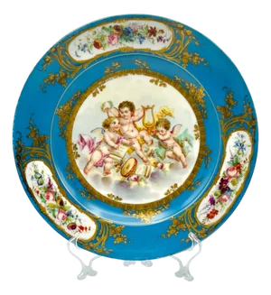French Rococo Revival Porcelain Charger with Hand-Painted Putti in Clouds and Gilt Accents in the style of Sèvres, 19th Century