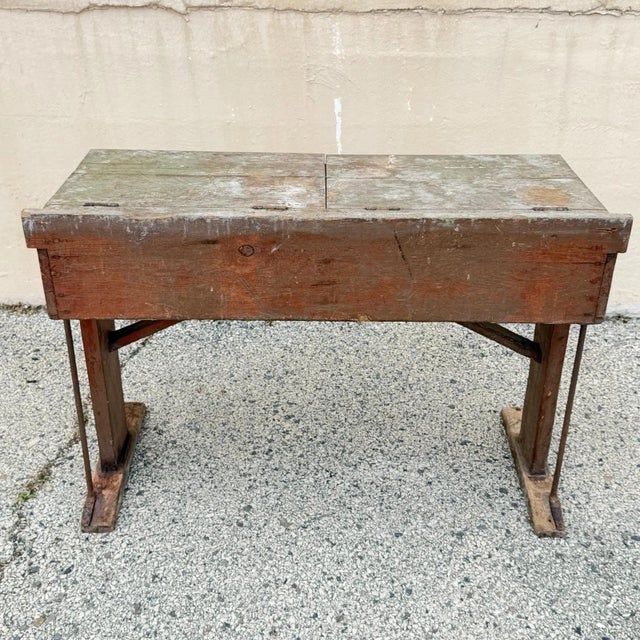 Antique French Primitive Rustic Green Distress Painted Flip Top Wood School Desk For Sale - Image 16 of 17