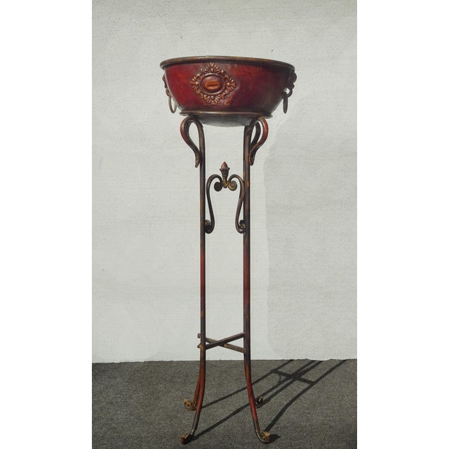 1980s 54" Tall Vintage Set of Three Brown Metal Planters Plant Stands With Bowl Trays For Sale - Image 5 of 7