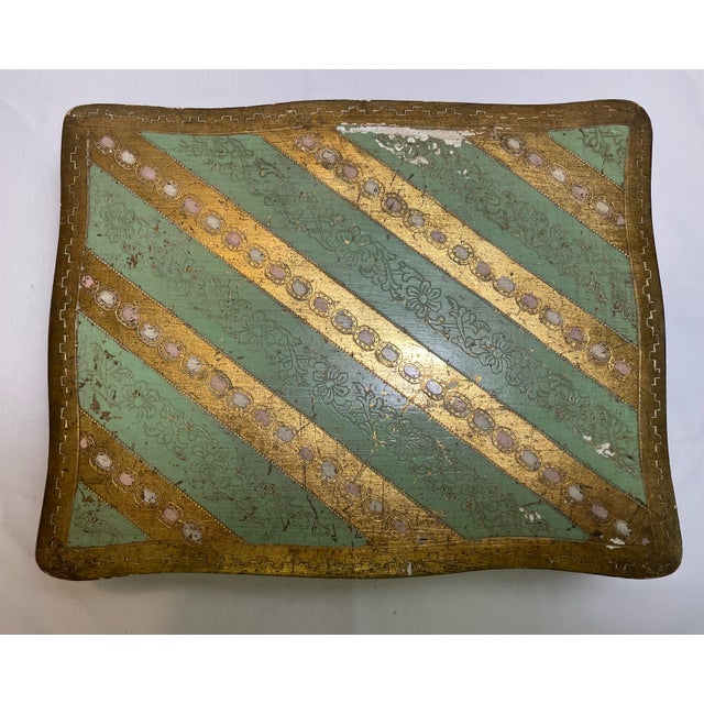 Vintage Florentine Footed Gilt Wood Box, Handpainted green and gold with pink and white dots, hinged.Scalloped, stripe...