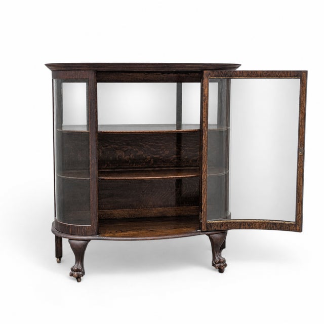 Vintage Oak Bow-Front Curved-Glass China Cabinet With Claw Feet For Sale - Image 12 of 18