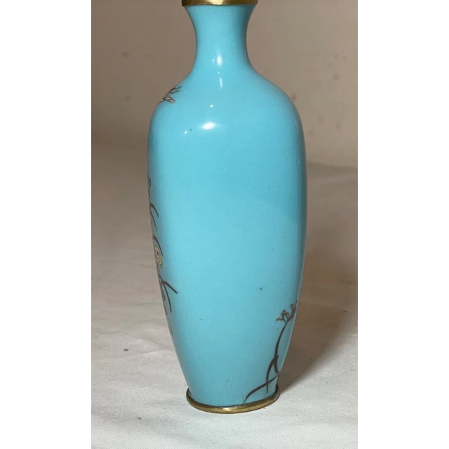Antique 19th Century Japanese Meiji Cloiosnne Miniature Enamel Crane Blue Vase For Sale - Image 9 of 13