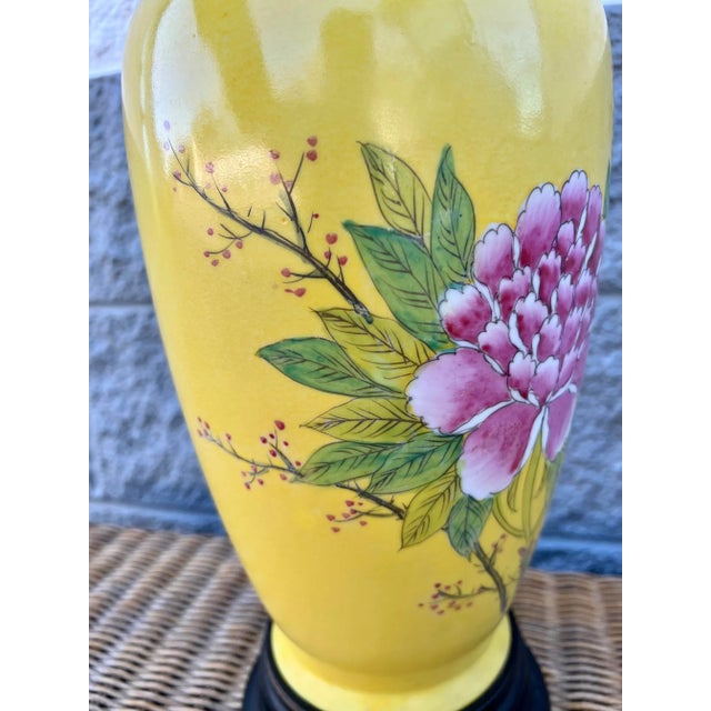 Chinese Famille Jaune Peony Painted Vase Lamp For Sale - Image 4 of 12