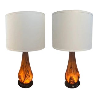 Modern Amber Tortoise Shell Art Glass Table Lamp 3 Lighting Modes With Shades - a Pair For Sale