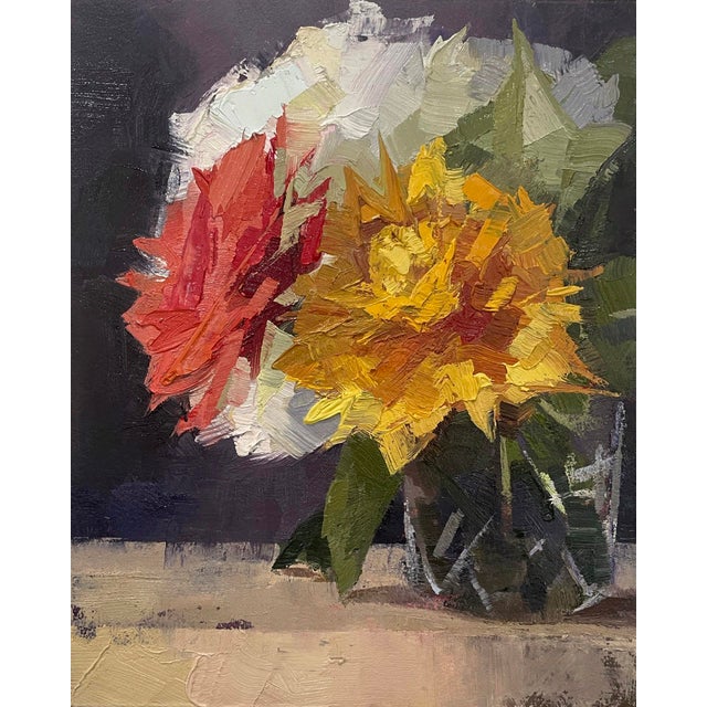 This artwork features a vibrant arrangement of autumn mums, rendered in bold, thick brushstrokes that emphasize the rich...