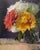 This artwork features a vibrant arrangement of autumn mums, rendered in bold, thick brushstrokes that emphasize the rich...