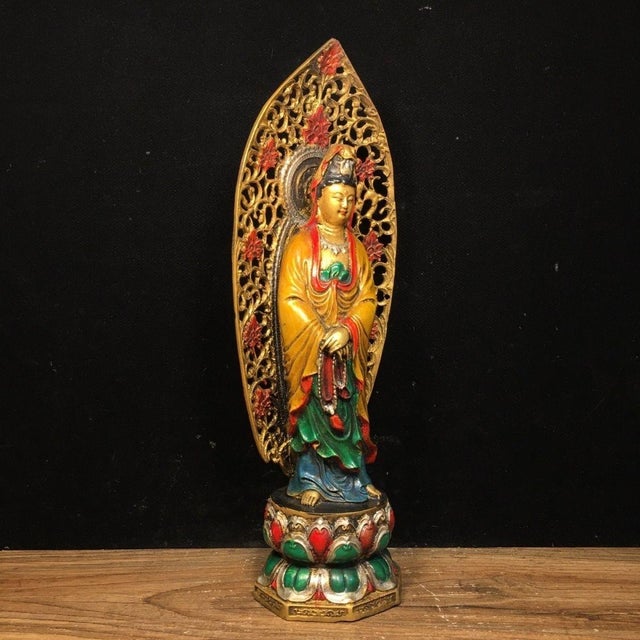 This is a finely crafted antique polychrome bronze sculpture of Guanyin Bodhisattva, the Bodhisattva of Compassion,...