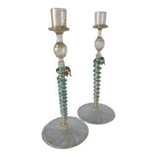 Pair of 19th Century Antonio Salviati Venetian Candlesticks W/Applied Green Serpents & Gold Leaf Inclusions C.1880 For Sale