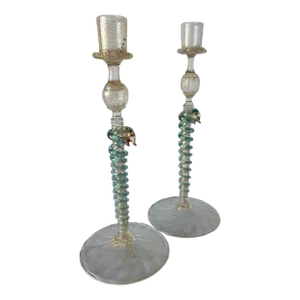 Pair of 19th Century Antonio Salviati Venetian Candlesticks W/Applied Green Serpents & Gold Leaf Inclusions C.1880