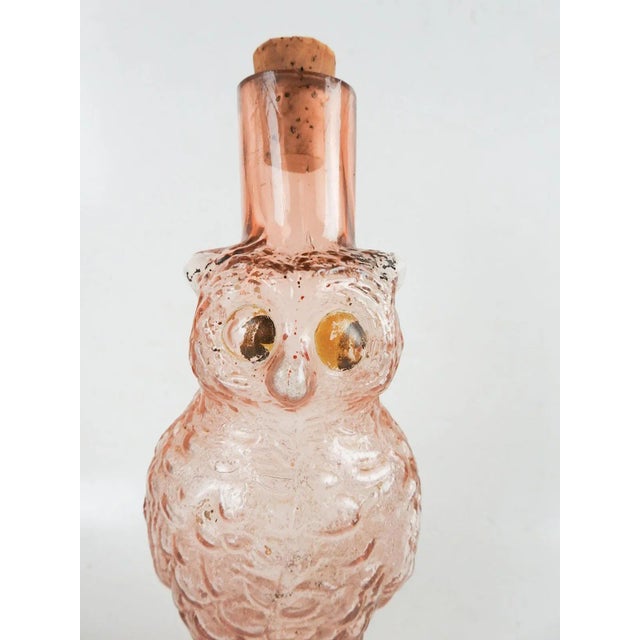 Vintage pink peach bottle or decanter in the shape of an owl. Some paint remains, no markings, has cork, few tiny nicks at...