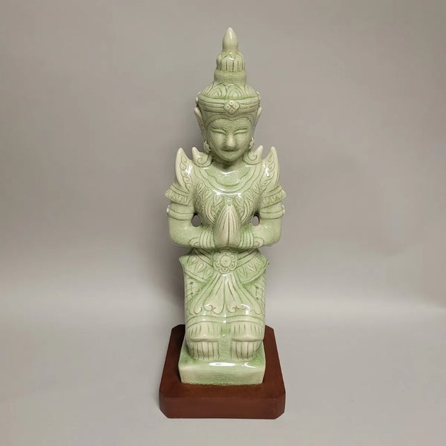 Thai Celadon Theppanom Guardian Figure on Wood Base — 19.5" For Sale - Image 10 of 10