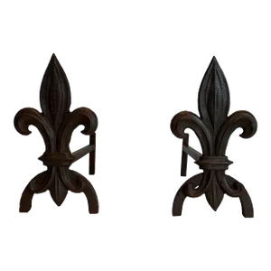 Fleurs de Lys Cast Iron and Wrought Iron Andirons - A Pair
