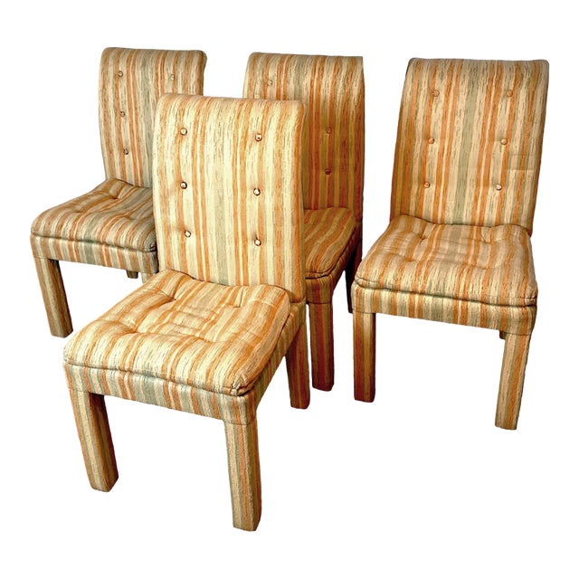 1960s Citrus Striped Brocade Upholstered Parsons Chairs in the Manner of Baughman- Set of 4 For Sale