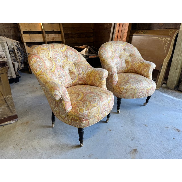 Antique French Tufted Crapaud Slipper Club Chairs With Casters - A Pair For Sale - Image 4 of 7