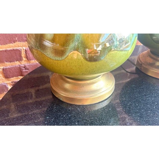 Pair of Mid Century Drip Glaze Pottery Lamps For Sale - Image 9 of 10