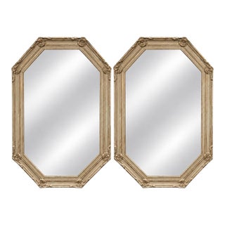 Mid-Century French Provincial Style Painted Gray & Gilt Carved Mirrors - Pair For Sale