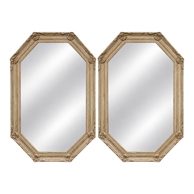 Mid-Century French Provincial Style Painted Gray & Gilt Carved Mirrors - Pair For Sale
