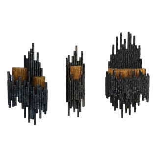 Brutalist Torched Steel and Amber Glass Sconces by Marcello Fantoni, Italy, 1970s, Set of 3 For Sale