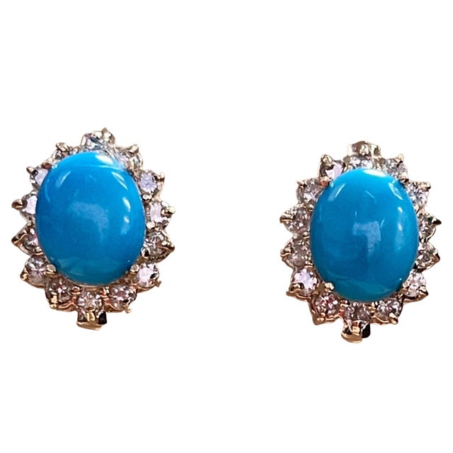 8 Ct Oval Sleeping Beauty Turquoise 1.5ct Diamond Stud Earrings 14 K Yellow Gold For Sale - Image 18 of 18