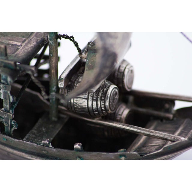 Silver Rabelo Boat Miniature with Hammered Sail, Removable Barrels and Oars For Sale - Image 3 of 6