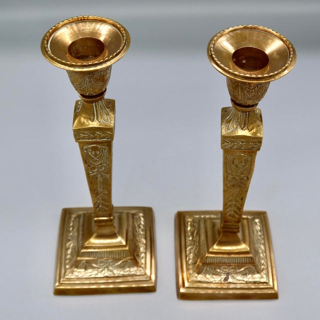 Brass Antique French Brass Candlesticks, Pair — Louis XVI Style Repousse, Early 20th Century For Sale - Image 8 of 9