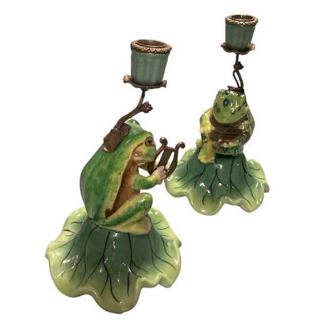 Pair of Vintage Whimsical Ceramic and Bronze Patinated Metal Musical Frog Candle Holders For Sale - Image 4 of 12