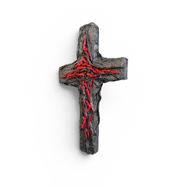 Contemporary One-of-a-Kind Sculptural Wall Cross in Midnight Blue Metallic Leather & Natural Red Coral For Sale - Image 3 of 5