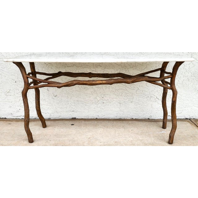 French Country Vintage French Rustic Metal & Marble Faux Bois Branch Console Sofa Table For Sale - Image 3 of 16