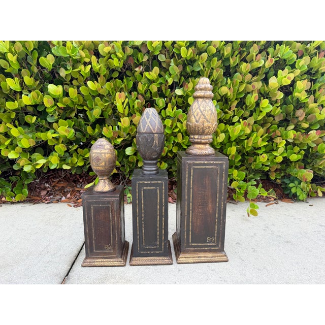 Vintage Hand-Carved Wood Obelisks With Hand-Applied Brass, Signed d.j., Set of 3 For Sale In Naples, FL - Image 6 of 12