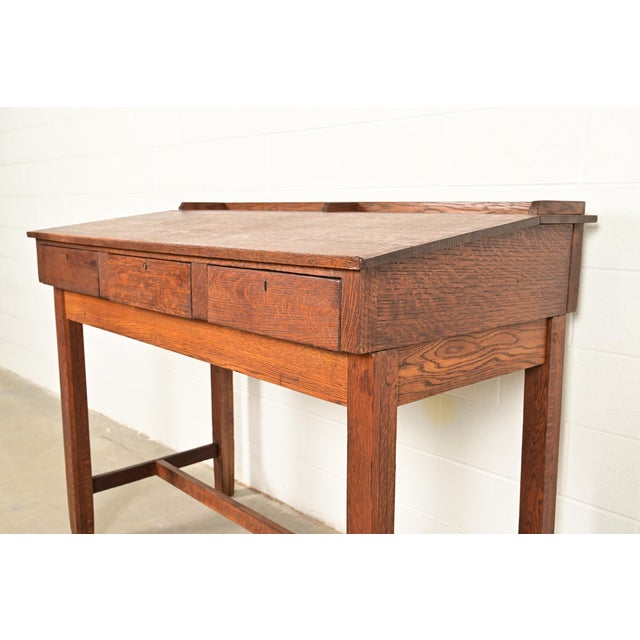 Limbert Style Antique Mission Oak Arts & Crafts Slant Front Architect's Desk, Circa 1910 For Sale - Image 9 of 13