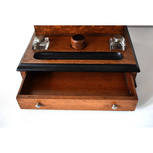 Wood Victorian Tiger Oak Letterbox and Inkstand With Perpetual Calendar For Sale - Image 7 of 13