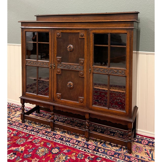 BEAUTIFUL Antique English Jacobean Oak Bookcase or Display Cabinet with Double "Wavy" Glass Doors and Center...