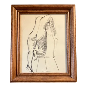 1970s Original Abstract Expressionist Female Nude Charcoal Drawing