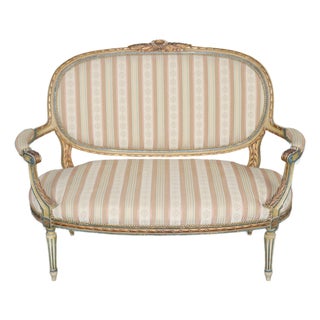 Antique French Louis XVI Style Paint Decorated & Gilt Carved Settee For Sale