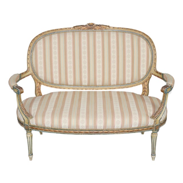 Antique French Louis XVI Style Paint Decorated & Gilt Carved Settee For Sale