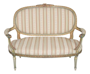 Antique French Louis XVI Style Paint Decorated & Gilt Carved Settee