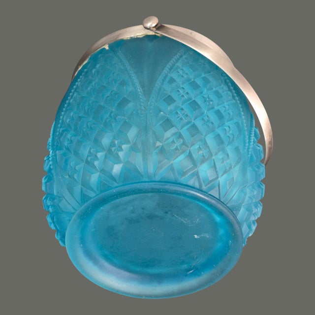 Antique Victorian Blue Frosted Satin Glass Silver Plated Lid Handle Biscuit Jar For Sale - Image 10 of 11