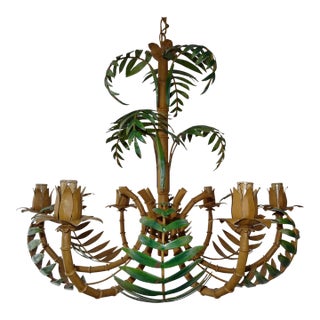 1950 French Tole Palm Tree 6 Light Chandelier Rare Big Size For Sale