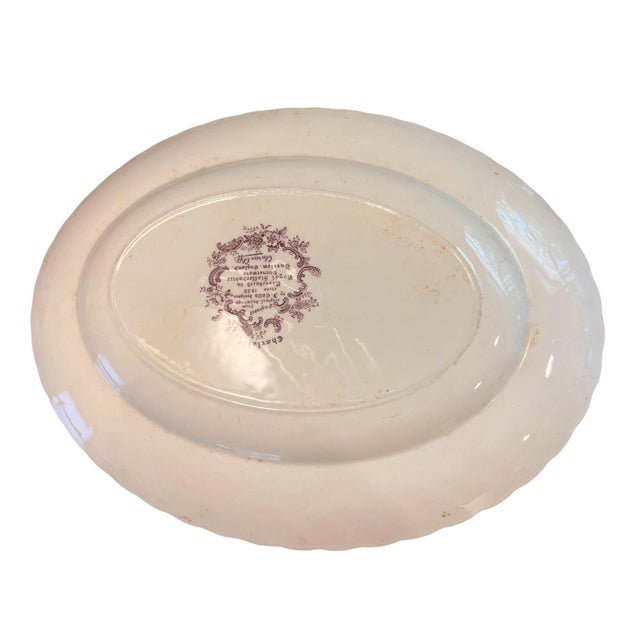 Lovely antique transferware serving platter by Clarice Cliff, Charlotte, by Staffordshire, England. Lavender toned ceramic.