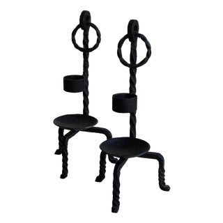 Vintage Black Metal Candlesticks in Twisted Wrought Iron, 1960s, Set of 2 For Sale
