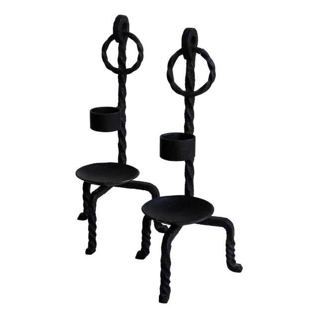 Vintage Black Metal Candlesticks in Twisted Wrought Iron, 1960s, Set of 2 For Sale
