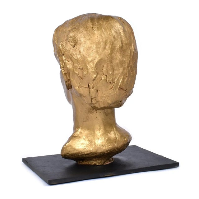 Sculpture Materials Sendelbach Signed Gold Painted Clay Bust of Young Boy on Slate Base For Sale - Image 7 of 12
