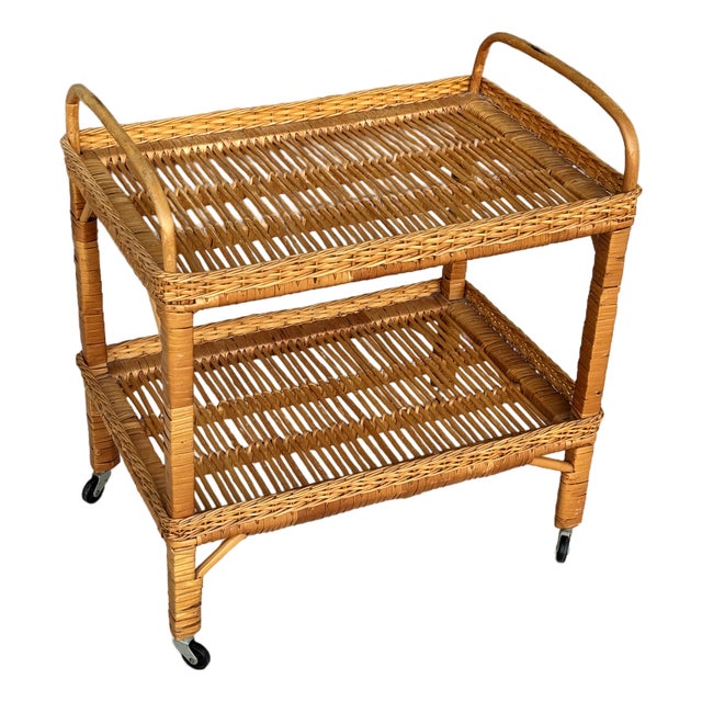 C. 1970s Mid Century Modern Italian Franco Albini Style Rolling Bamboo Bar Cart For Sale