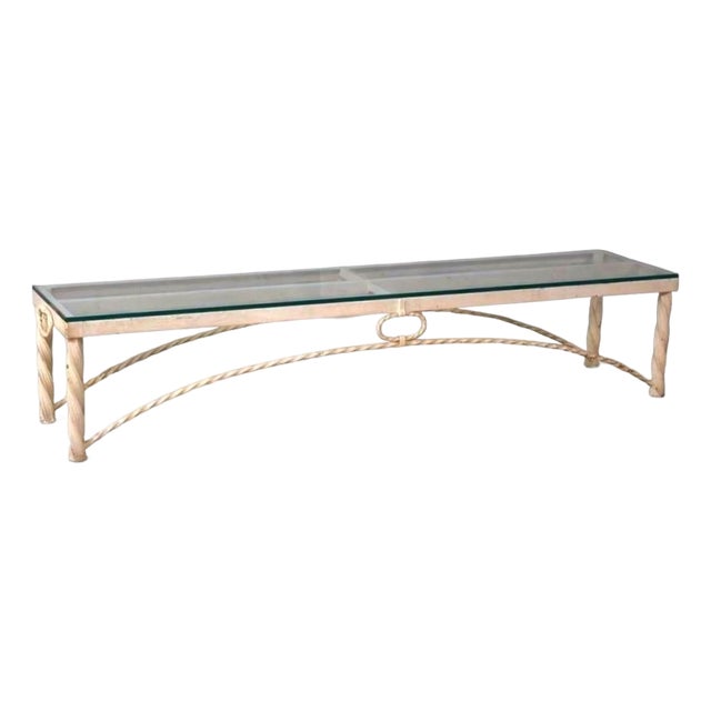 Vintage Cast Iron Maison Jansen Style Long Twisted Rope and Glass Coffee Table, French/Italian, 1960s–1970s For Sale